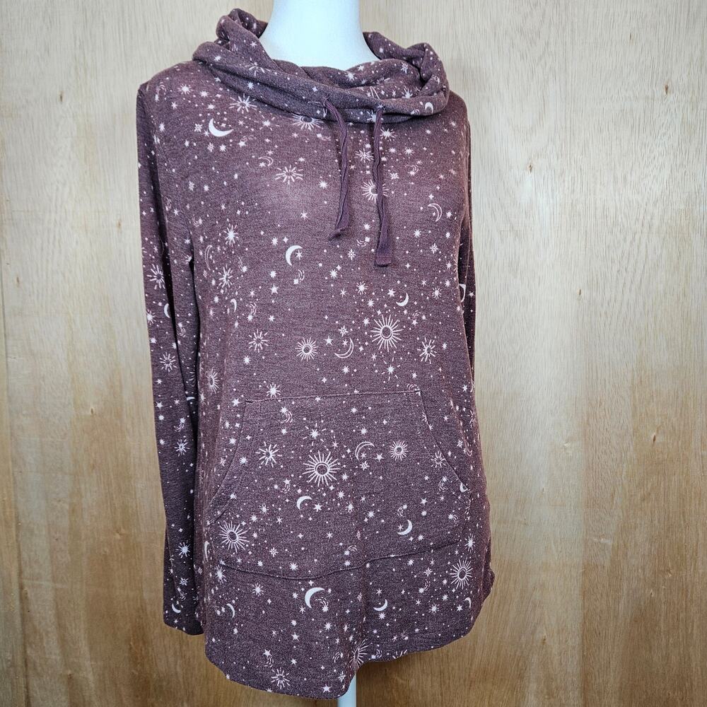 Purple Planet Gold Drawstring Cowl Neck Moon & Stars Long Sleeve Size Medium